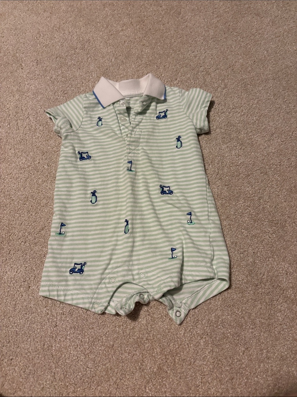 Kids Polo One-Piece Romper in Mint Green Stripe. 3m